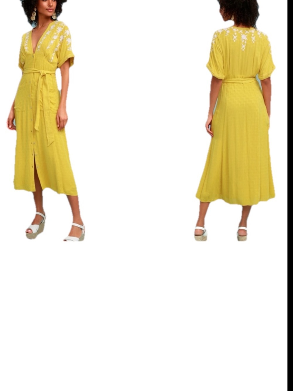 Free People Love To Love You Embroidered Button Midi Dress Mustard Yellow XS